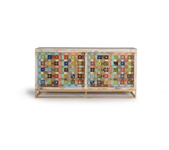 Buffet - Bois De Manguier - Coloris Miel Foncé Et Cuivre - 90x180x40 Cm