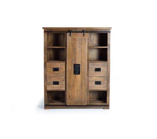 Armoire 1 Porte Coulissante, 4 Tiroirs - Bois De Manguier Et Métal - Coloris Naturel - 170x140x45