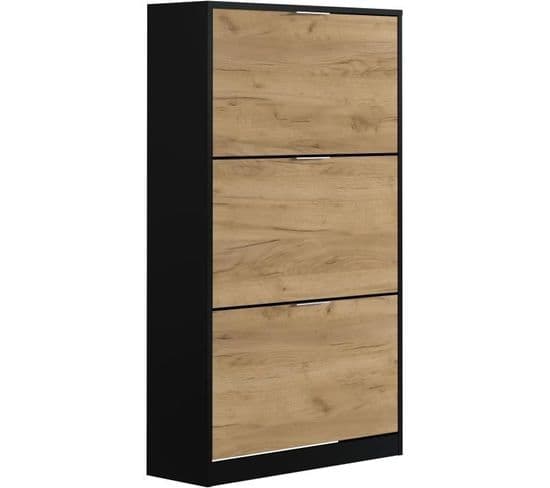 Meuble à Chaussure 3 Portes - Décor Chenu Et Noir - 75x25x128 Cm - Leona