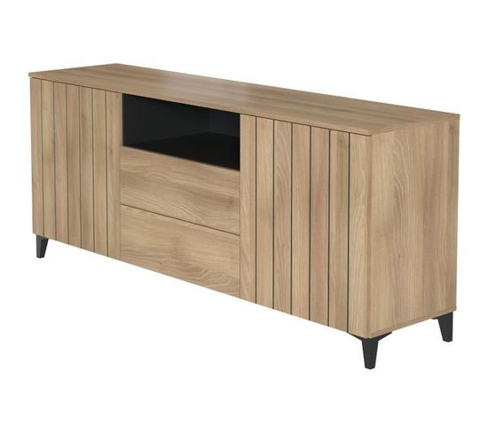 Buffet Lineas - Mélaminé Chêne - 2 Portes + 2 Tiroirs + 1 Niche - L180 X P44 X H75 Cm