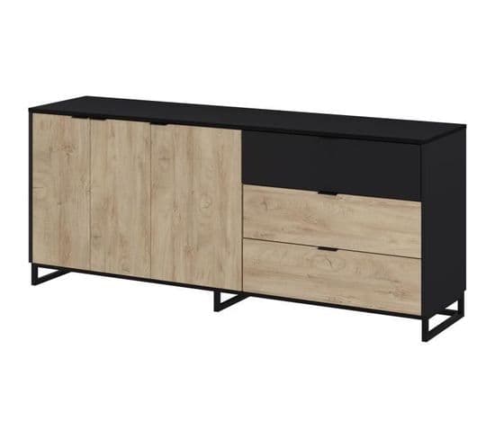 Buffet Neo - Mélaminé Chêne Et Noir - 3 Portes + 2 Tiroirs + 1 Niche - L180 X P44 X H75,5 Cm