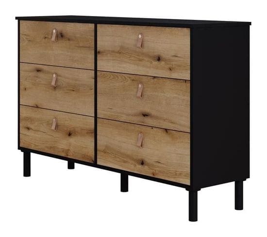 Commode Samanthe 6 Tiroirs - Décor Noir Et Chêne - L 140 X P 40 X H 90 Cm