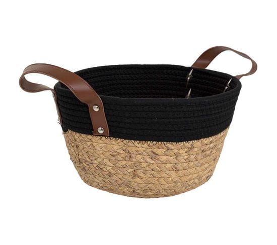 Panier En Fibre Naturelle Et Coton Noir D30x17/25h