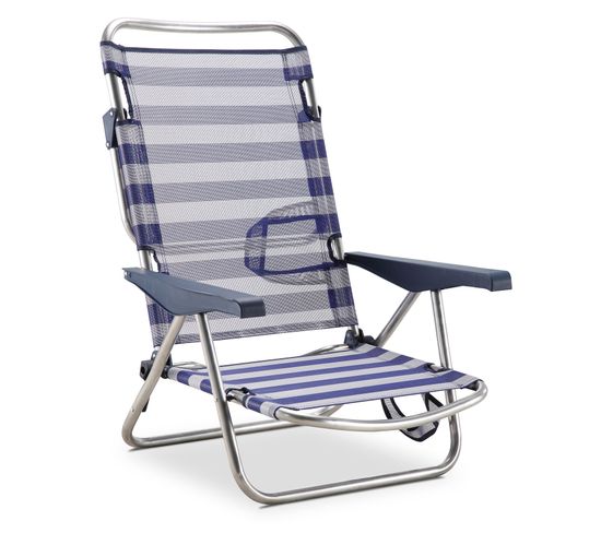 Chaise De Plage Lit Pliable   4 Positions Bleu Et Blanc Dossier Bas Avec Accoudoirs 81x62x86 Cm