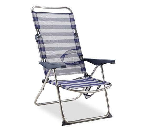 Chaise De Plage Lit Pliable Solenny 4 Positions Bleu Et Blanc Avec Accoudoirs 91x63x105 Cm