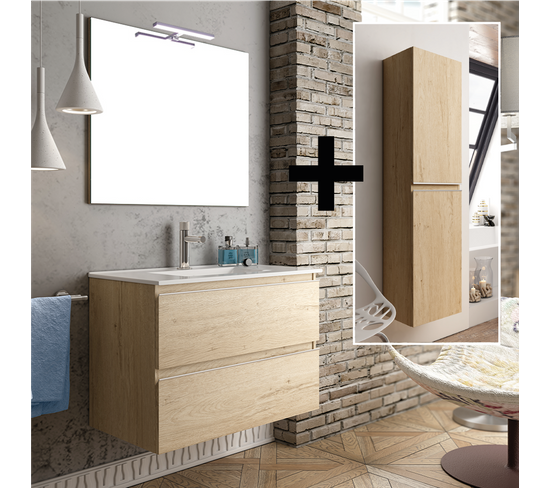 Meuble De Salle De Bain 70cm Simple Vasque + Colonne De Rangement - Balea - Bambou (chêne Clair)