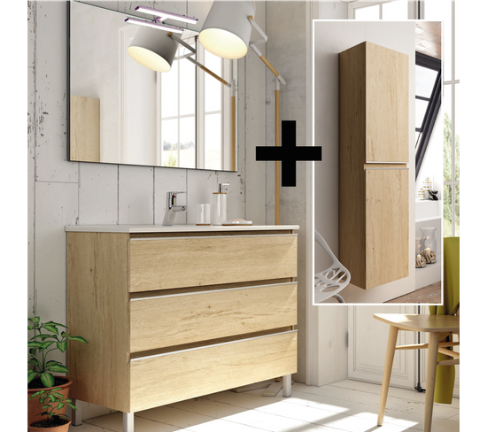 Meuble De Salle De Bain 60cm Simple Vasque + Colonne De Rangement Palma - Bambou (chêne Clair)