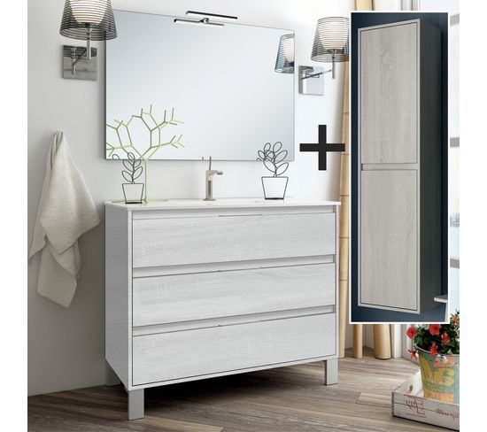 Meuble De Salle De Bain 80cm Simple Vasque + Colonne De Rangement Tiris - Hibernian (bois Blanchi)