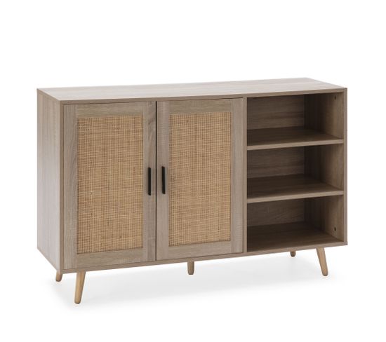 Buffet Dalia 2 Portes Et 3 Niches Couleur Chêne, 120 Cm Longueur