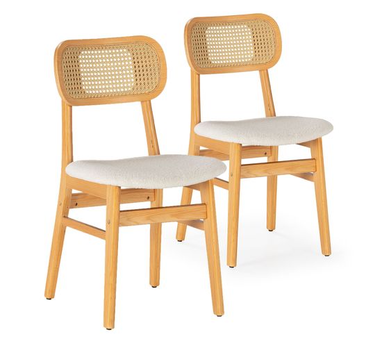 Pack De 2 Chaises Boira En Chêne Avec Imitation Tissu Mouton Et Rotin Synthétique