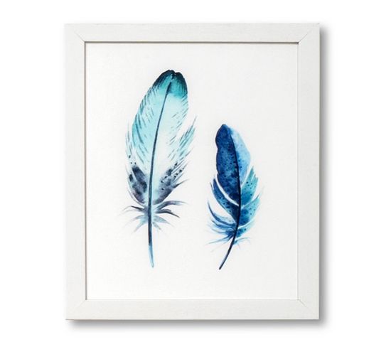 Blue Feather - Peinture Décorative 30 X 25 Cadre Noir