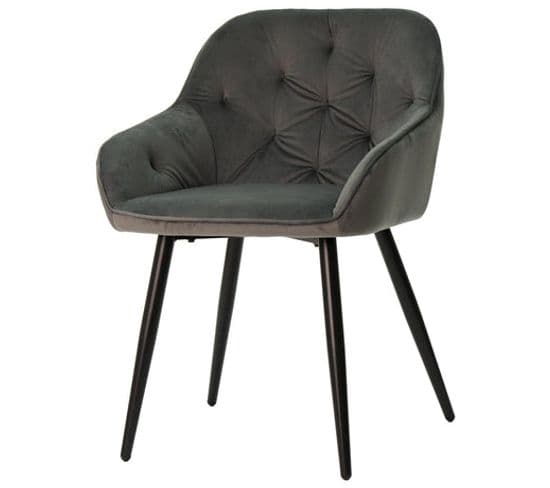 Chaise En Velours Gris Avec Accoudoirs Et Pieds Noirs.