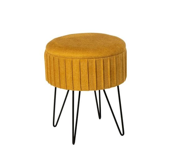 Pouf Rond En Tissu Moutarde Avec Pieds En Métal Noir Et Rangement