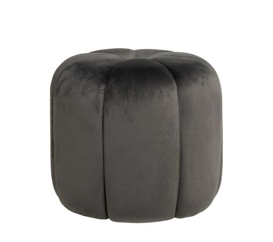 Pouf Rond En Velours Gris Avec Bouton Au Milieu