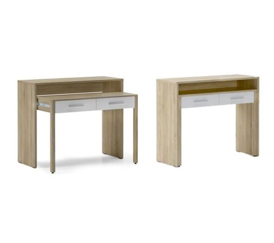 Bureau Pour Ordinateur, 2 Tiroirs, Blanc Et Chêne