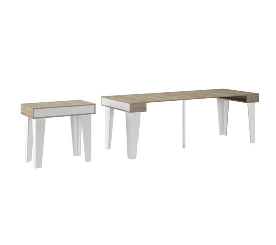 Console Extensible Avec Rallonges, Kl, 237cm, Blanc Mat-chêne