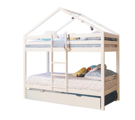 Lit Superposé Cabane + Lit Pieds Pliants Bois Blanc 90x190/90x190cm