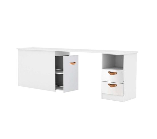 Bureau + Rangement 90 Aggloméré Blanc Cuir 76,5x202x45cm