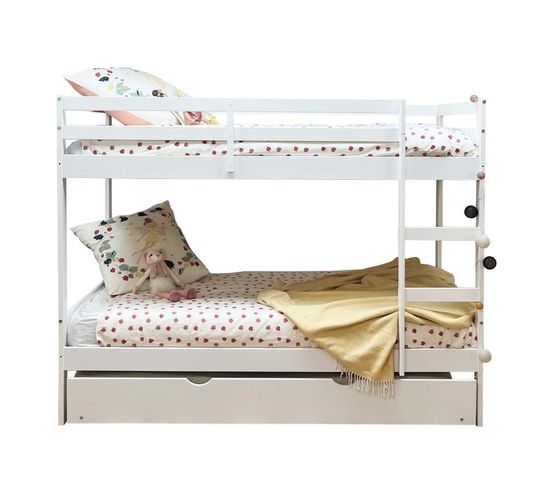 Lit Enfant Superposé + Lit Pieds Pliants Bois Blanc 90x190cm