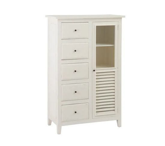 Buffet Haut Blanc 5 Tiroirs 1 Porte En Bois Massif Barney