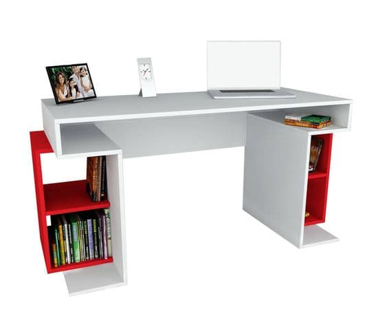 Bureau Avec Étagères Intégrées Baral Blanc Et Rouge