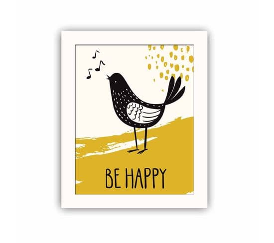 Tableau Décoratif à Cadre Blanc Doncu 23,5x28,5cm Oiseau 'be Happy' Noir Et Jaune