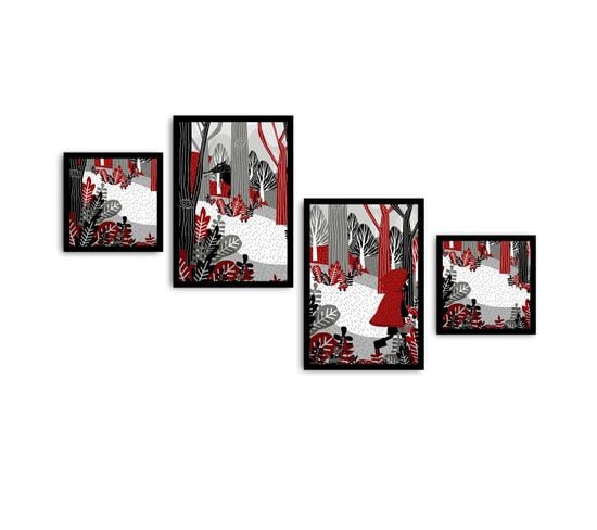 Set De 4 Tableaux Avec Cadres Noir Vilde Thème 'le Petit Chaperon Rouge' Noir, Blanc Et Rouge