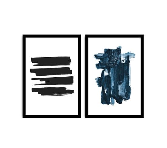 Lot De 2 Tableaux Encadrée En Noir Pictor L74xh51cm Motif Abstrait Noir, Blanc Et Bleu Foncé
