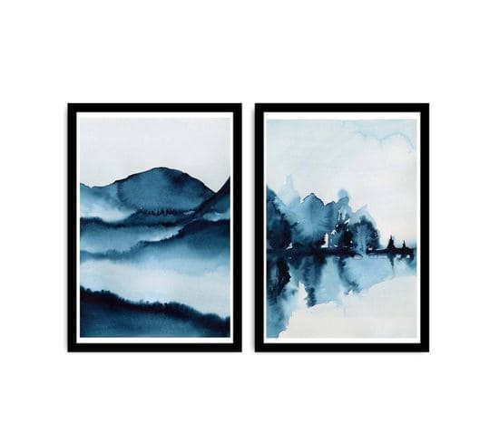 Lot De 2 Tableaux Encadrée En Noir Pictor L74xh51cm Motif Montagnes En Aquarelle, Nuance De Bleu