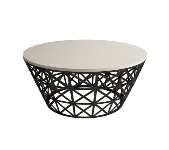 Table Basse Ovale Ellipticum Support Grille Conique Bois Blanc Crème Et Métal Noir