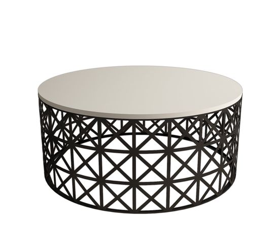 Table Basse Ovale Ellipticum Support Grille Ajouré Bois Blanc Crème Et Métal Noir