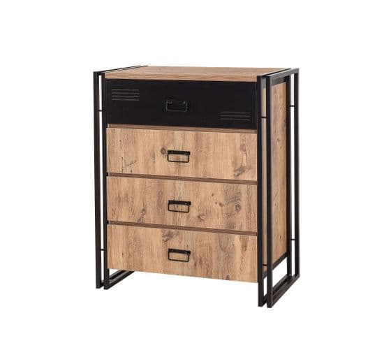 Commode 4 Tiroirs Permixtio 90cm Métal Noir Et Bois Naturel