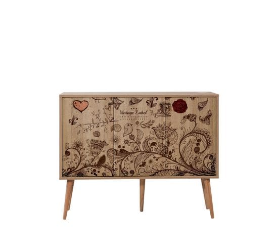 Buffet 3 Portes Soho 120x90cm Motif Oiseau Et Fleurs Bois Naturel Et Marron