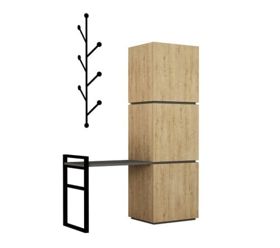 Meuble D'entrée Avec Patère Murale Lozano L109cm Bois Chêne Clair Et Noir