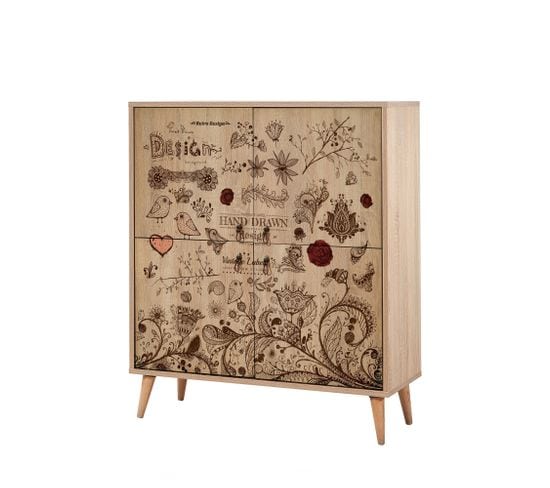 Buffet 4 Portes Soho 95x111cm Motif Oiseaux Et Fleurs Bois Naturel Et Marron