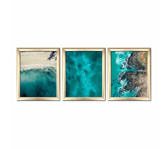 Lot De 3 Tableaux Encadrés En Or Pictor L76.5xh28,5cm Motif Paysages De Vagues D'océan Bleu Et Beige