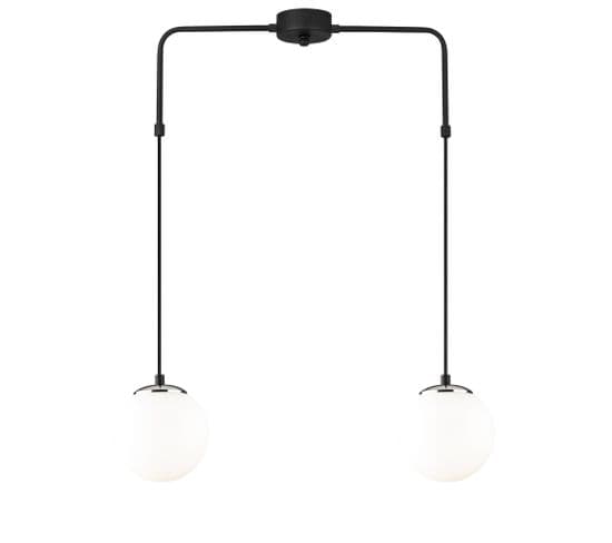 Suspension 2 Lampes Globe Alignées Arinore Verre Blanc Et Métal Noir