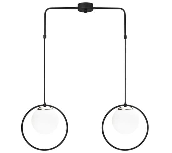 Suspension 2 Lampes Globes Cerclés Haut Bioxy Verre Blanc Et Métal Noir