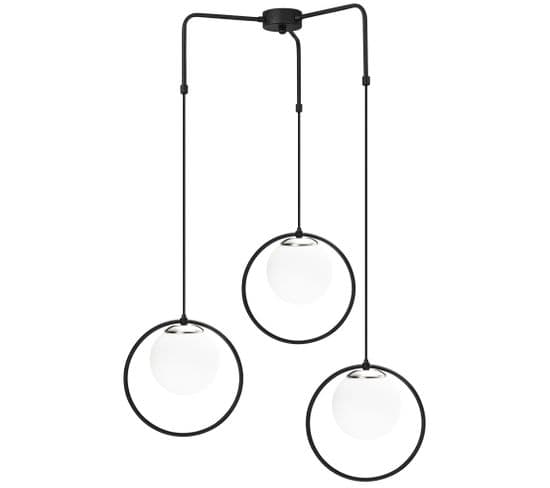 Suspension 3 Lampes Globes Cerclés Haut Saccade Bioxy Verre Blanc Et Métal Noir