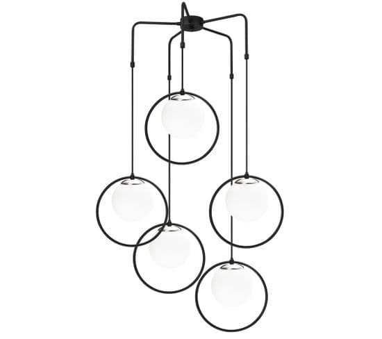 Suspension 5 Lampes Globes Cerclés Haut Saccade Bioxy Verre Blanc Et Métal Noir