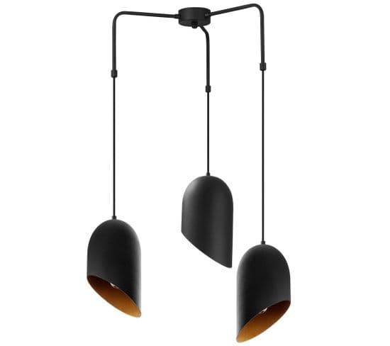 Suspension 3 Lampes Coupe Oblique Saccade Quisky D50cm Métal Noir Et Or