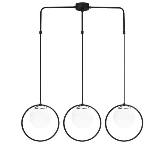Suspension 3 Lampes Globes Cerclés Haut Bioxy Verre Blanc Et Métal Noir