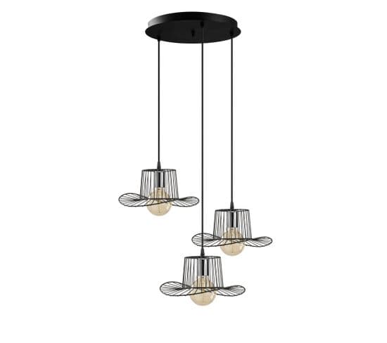 Suspension Filaire 3 Lampes Chapeau Escalier Bert D50cm Métal Noir