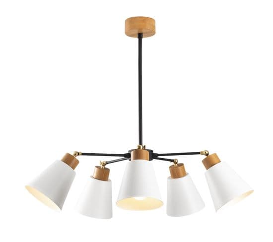 Suspension 5 Lumières Forme Cônes Tronqués Conix D58cm Métal Blanc Et Bois Naturel