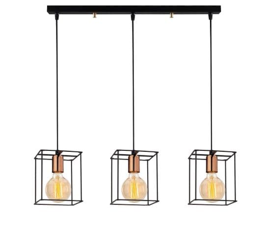 Suspension 3 Cages Alignées Laterna 65x109cm Métal Noir Et Or Rose