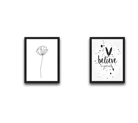 Lot De 2 Tableaux Duo L30xh40 Motif 'belive' Papillon Et Fleur Noir Et Blanc