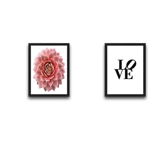 Lot De 2 Tableaux Encadrés En Noir L30xh40cm Motif Succulente Rose, « Love » Noir, Blanc Et Rose