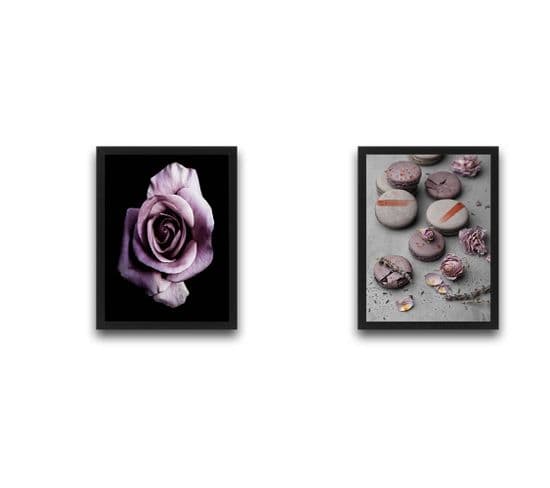 Lot De 2 Tableaux Encadrés En Noir L30xh40cm Motif Rose Et Macarons Gris Et Violet
