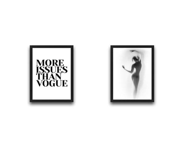 Lot De 2 Tableaux Encadrés En Noir L30xh40cm Motif Silhouette, « More Issues » Noir Et Blanc