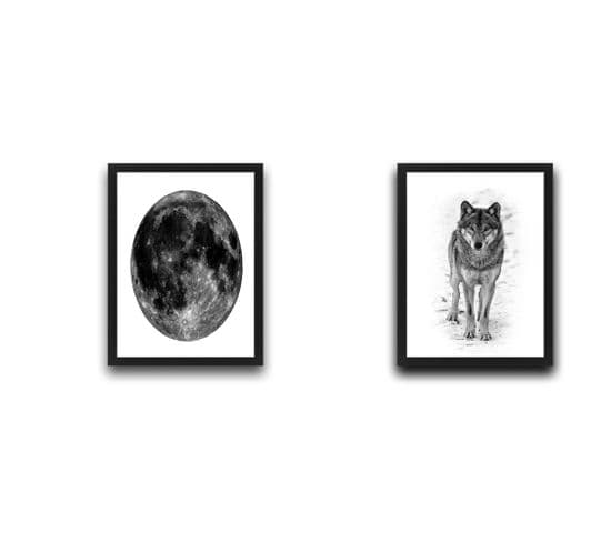 Lot De 2 Tableaux Duo L30xh40cm Motif Pleine Lune Et Un Loup Nuances De Gris